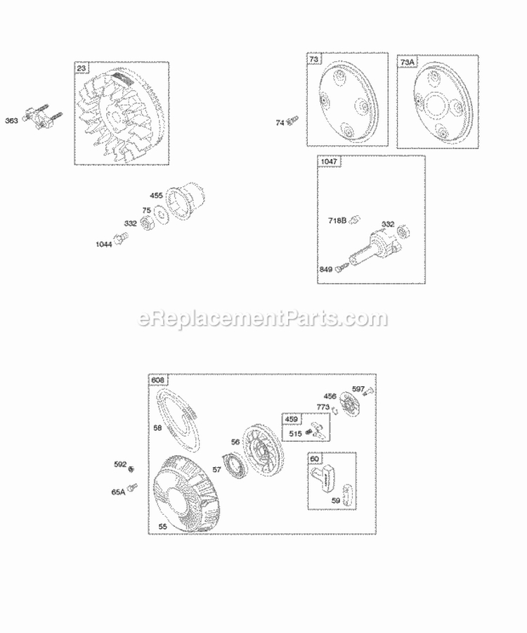 Flywheel Rotating Screen Stub Shaft Rewind Starter Diagram and Parts List for 295447-0142-E1  Briggs and Stratton Engine